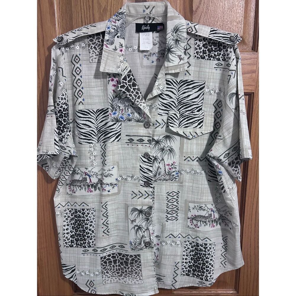 Tapestry VTG Safari Animal Print Women’s Short Sleeve Button Down Top Size 14/16 - Picture 3 of 11